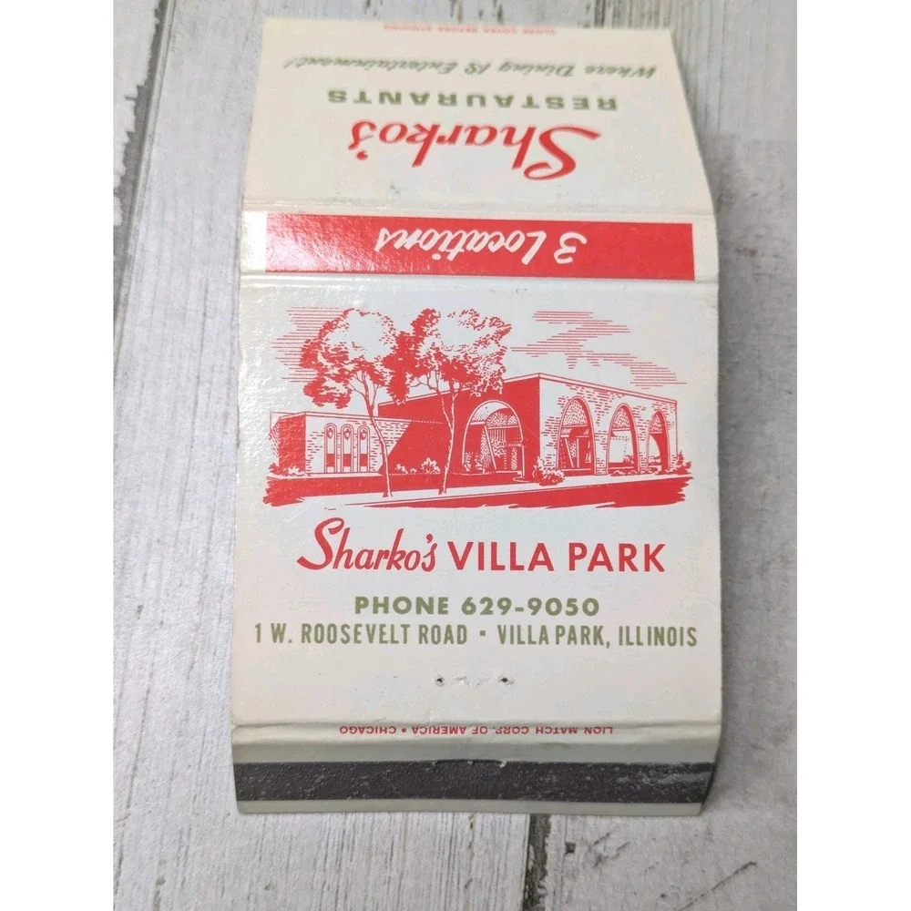 Vintage Matchbook Cover Sharko's Villa Park Smorgasbord Restaurant 30‎ Strike